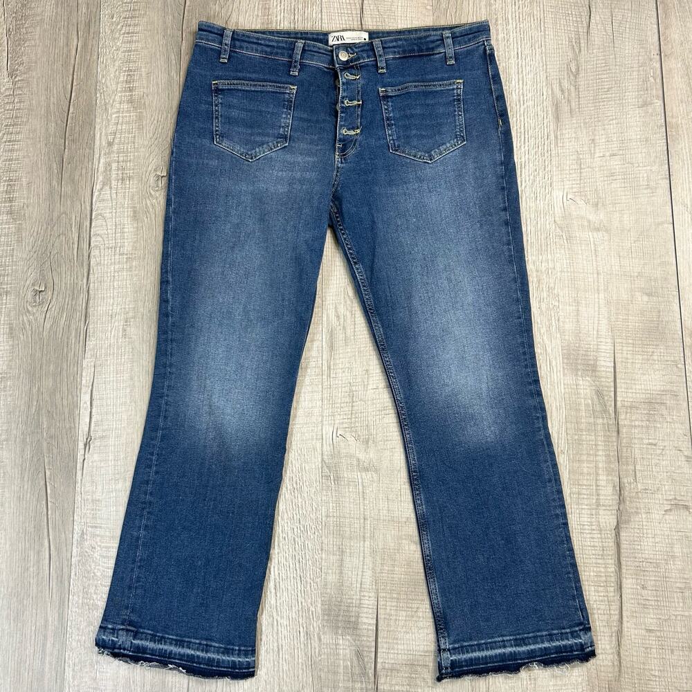 Zara Button Fly WMNS Ripped Hem Jeans US 12 EU 44 High Rise Denim Straight Light - Picture 5 of 5